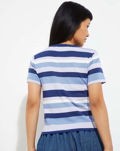 Women's Striped Round Neck Pure Cotton T-Shirt - Image 2
